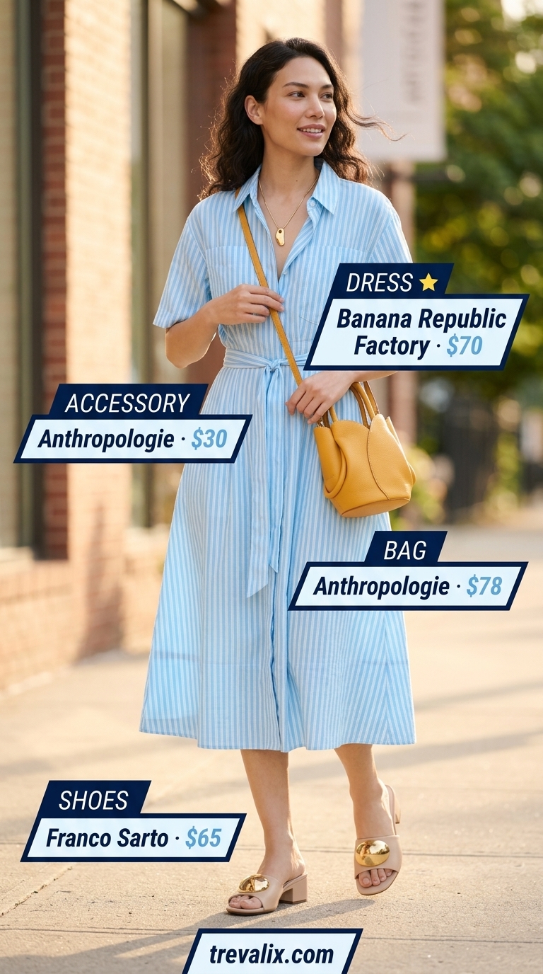 Trendy Feminine Summer Outfits 2026: City Brunch Style Trendy feminine summer outfits 2026: Sky blue midi dress, nude sandals & gold necklace for city brunch.