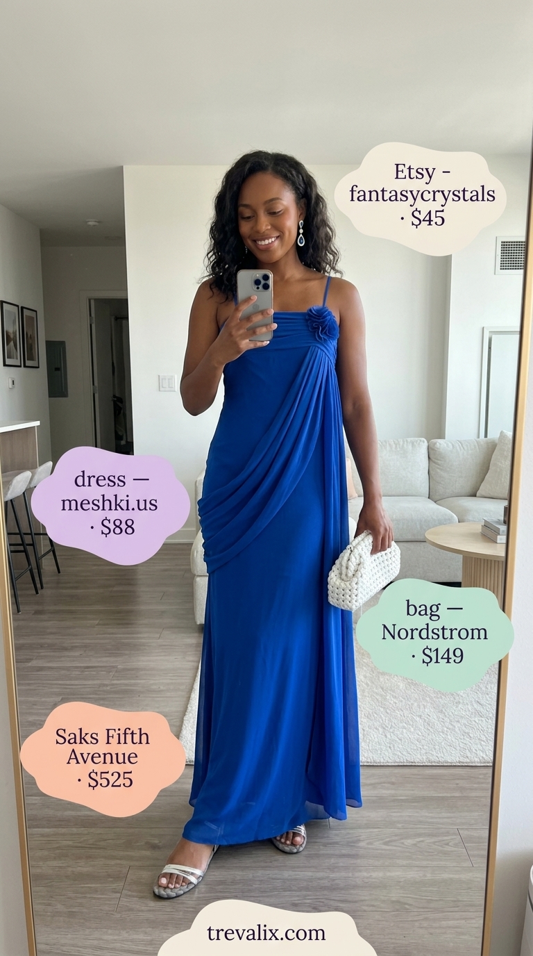Trendy Feminine Summer Outfits 2026: Cobalt Maxi Trendy feminine summer outfits 2026: Cobalt blue maxi dress, silver sandals & statement earrings.