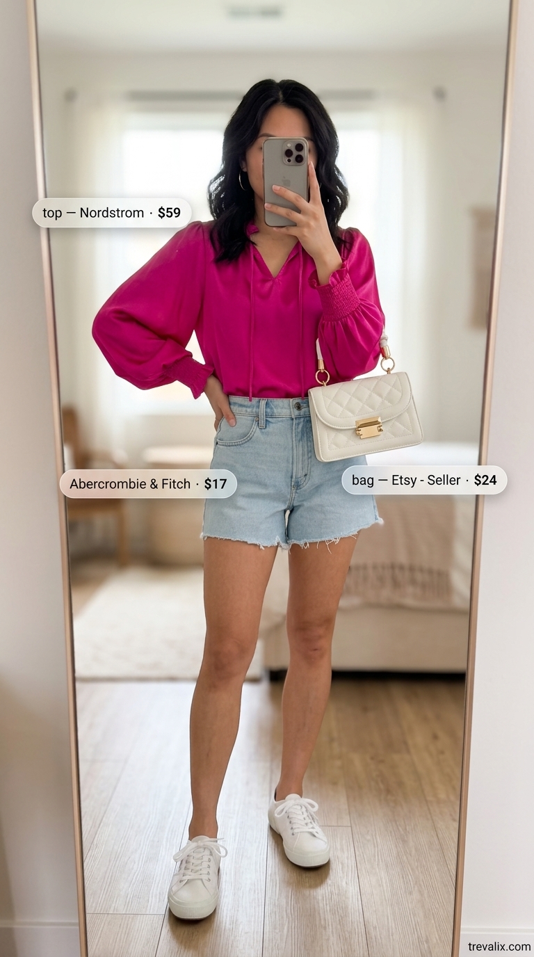 Boardwalk Style Outfits 2026 Trendy feminine summer outfits 2026: Denim shorts, fuchsia blouse for boardwalk stroll.