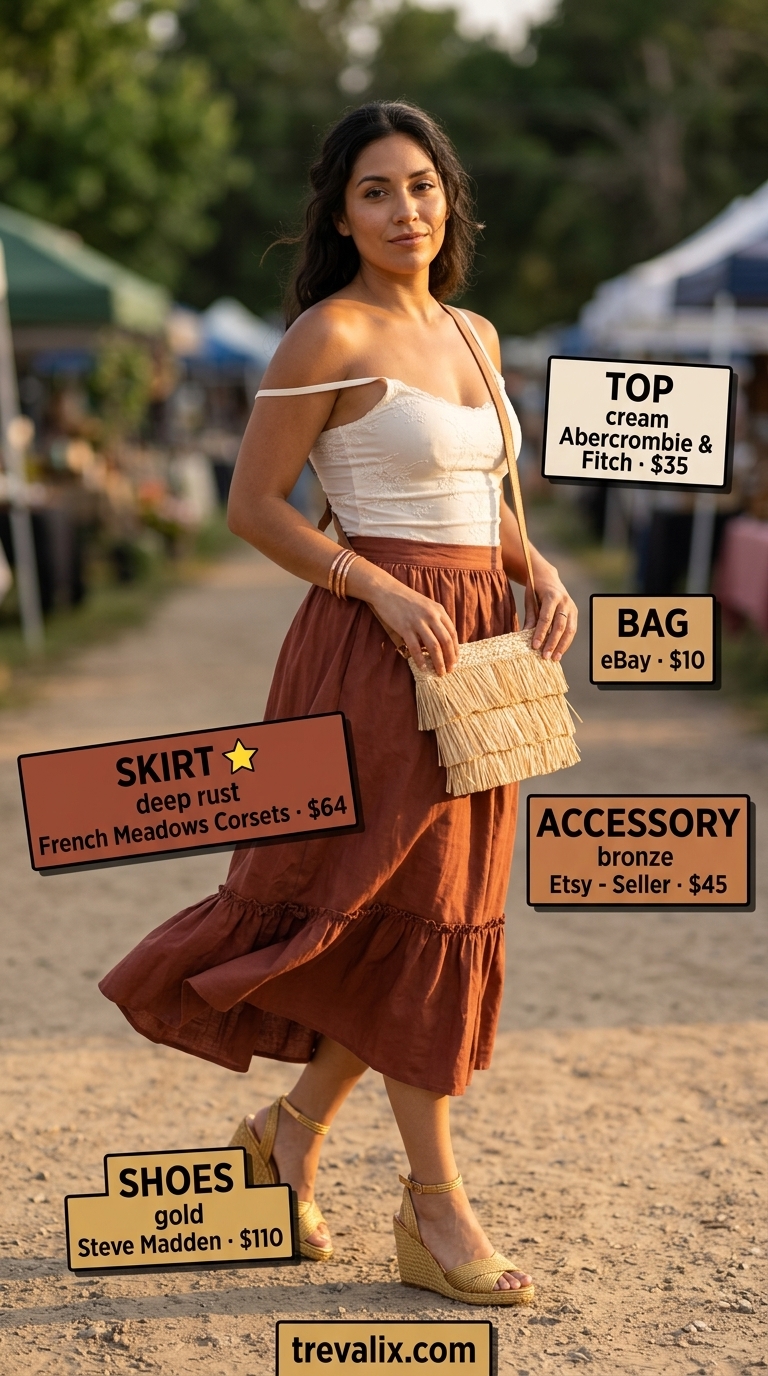 Trendy Feminine Summer Outfits 2026: Boho Sunset Trendy feminine summer outfits 2026: Terracotta skirt, ecru cami & bronze wedges for boho style.