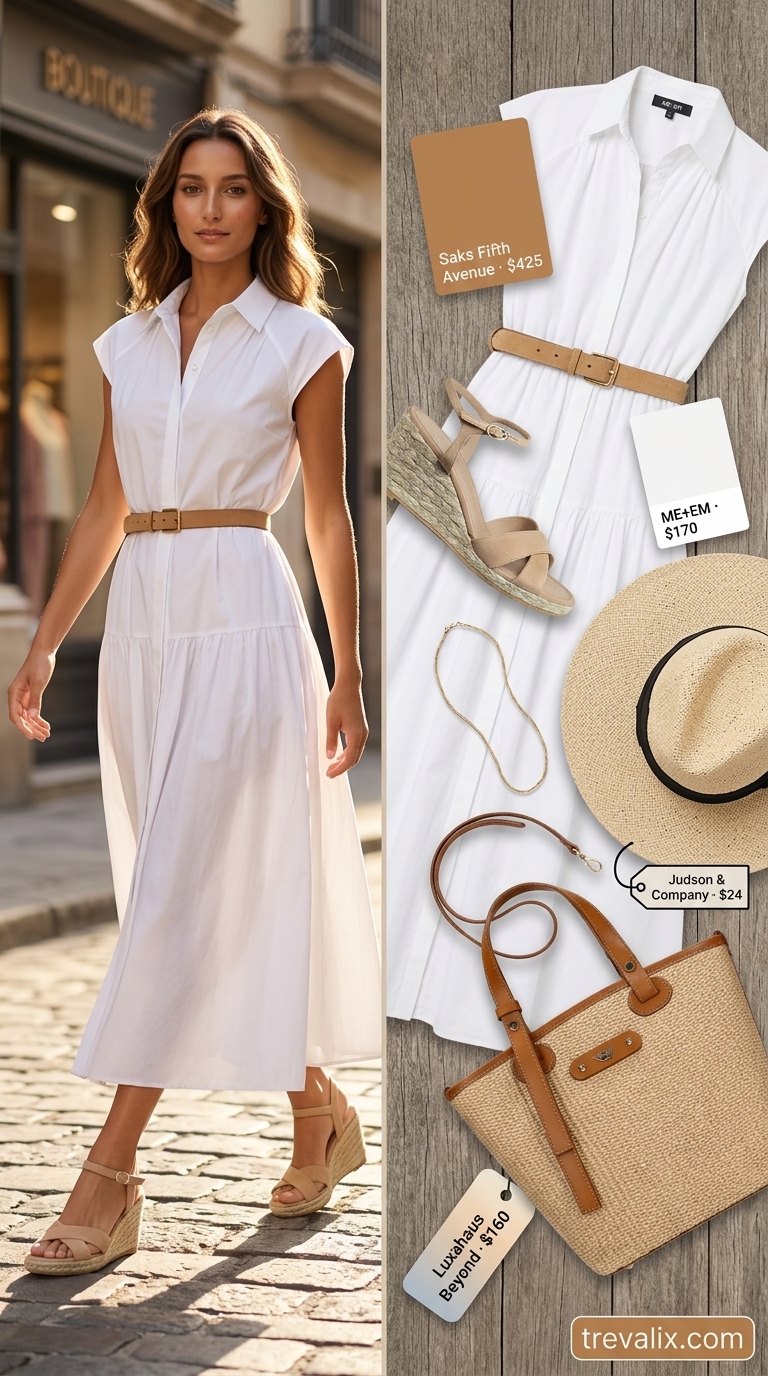 Trendy Feminine Summer Outfits 2026: Coastal Chic Trendy feminine summer outfits 2026: White shirt dress, tan tote & espadrilles for resort wear.