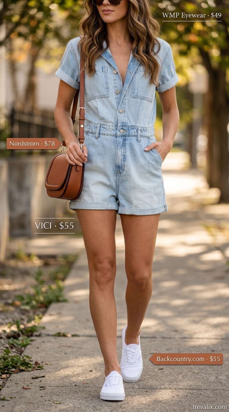 Classic Denim Romper Outfit | Trendy Feminine Summer Outfits 2026 Trendy feminine summer outfits 2026: Denim romper, white sneakers, cognac bag for a classic casual look.