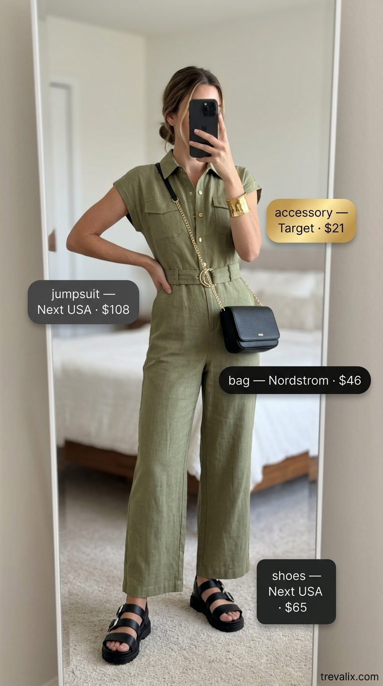 Desert Explorer Outfits 2026 Trendy feminine summer outfits 2026: Khaki utility jumpsuit for casual day out.