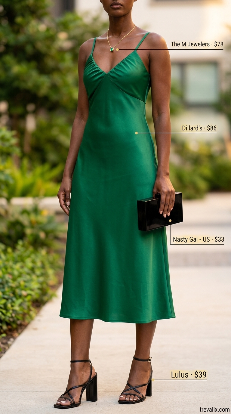 Trendy Feminine Summer Outfits 2026: Date Night Glam Trendy feminine summer outfits 2026: Emerald green slip dress, black heels & gold clutch for date night.