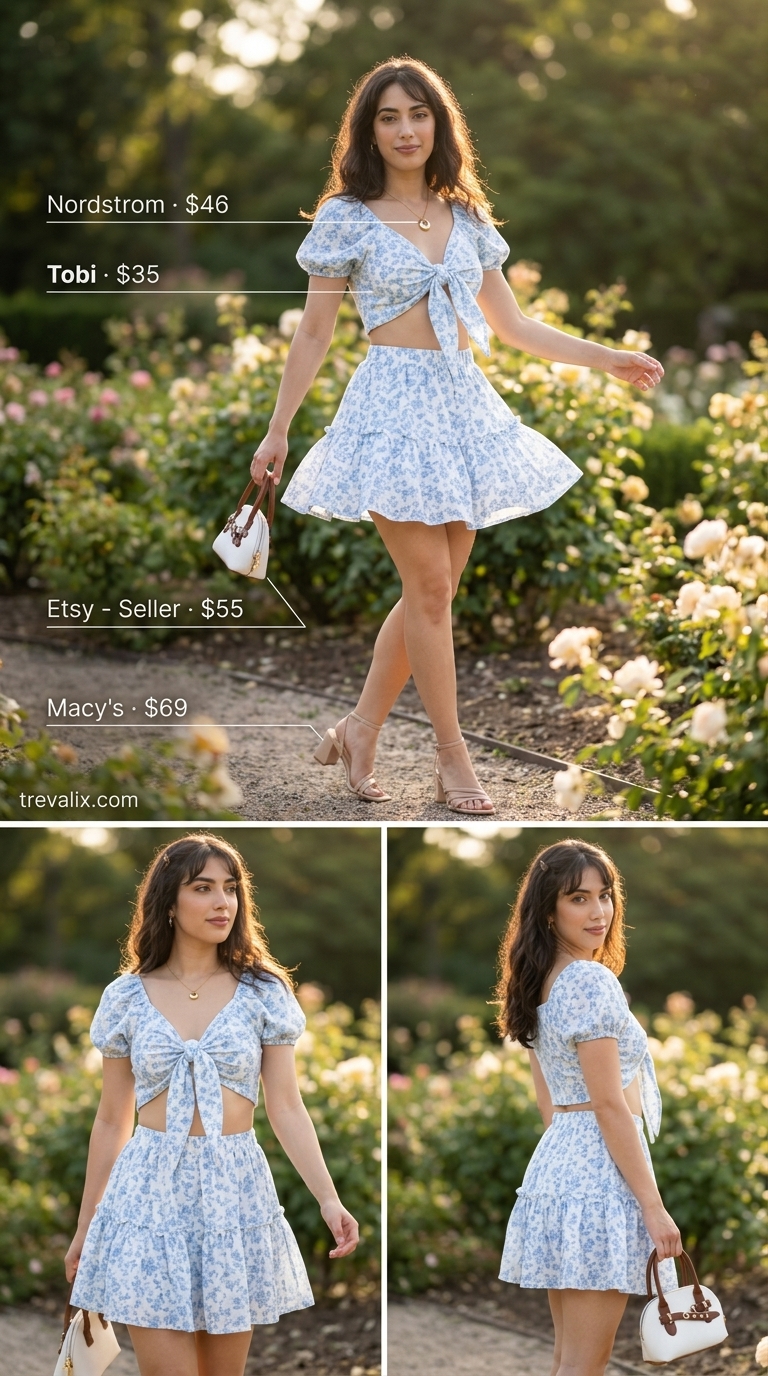 Garden Party Outfits 2026 Trendy feminine summer outfits 2026: Light blue floral matching set for garden party.