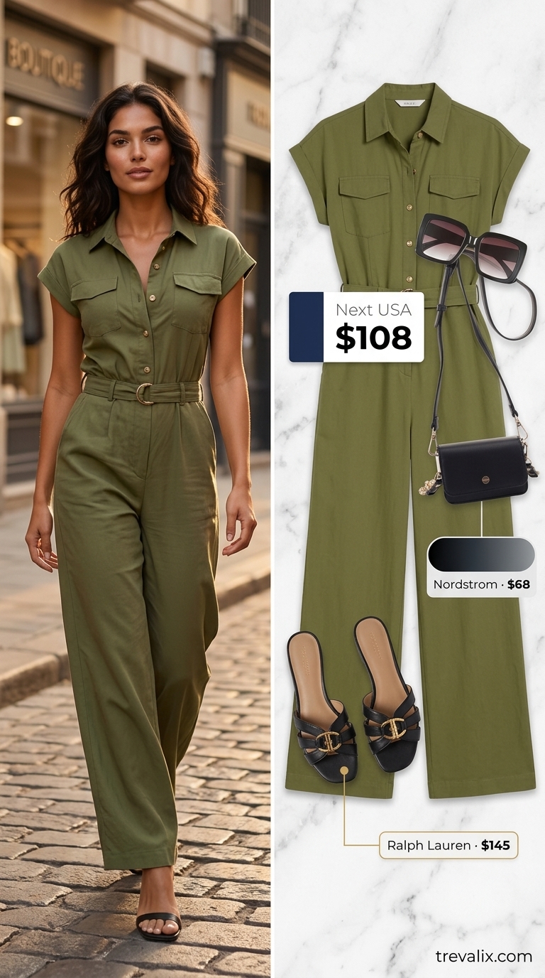 Chic Khaki Jumpsuit Outfit | Trendy Feminine Summer Outfits 2026 Trendy feminine summer outfits 2026: Khaki utility jumpsuit, black sandals, and sunglasses for city sightseeing.