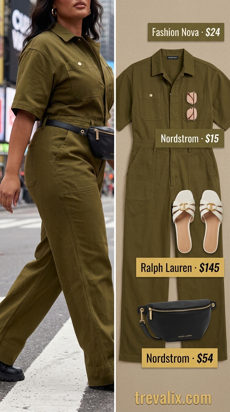 Urban Khaki Jumpsuit Outfit | Trendy Feminine Summer Outfits 2026 Trendy feminine summer outfits 2026: Khaki utility jumpsuit, tan belt bag, leather slides for urban exploration.