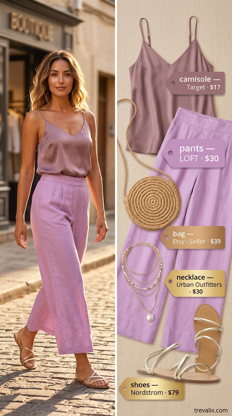 Romantic Lavender Pants Outfit | Trendy Feminine Summer Outfits 2026 Trendy feminine summer outfits 2026: Lavender linen pants, cream camisole, gold sandals for a romantic brunch.