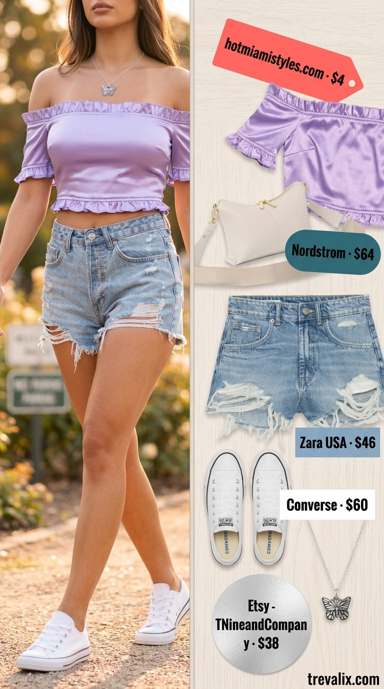 Playful Lavender Top Outfit | Trendy Feminine Summer Outfits 2026 Trendy feminine summer outfits 2026: Lavender off-shoulder top, denim shorts, white sneakers for a playful garden party.