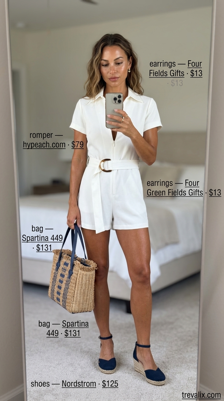 Trendy Feminine Summer Outfits 2026: Nautical Romper Trendy feminine summer outfits 2026: White linen romper, navy wedges & straw bag for a nautical look.