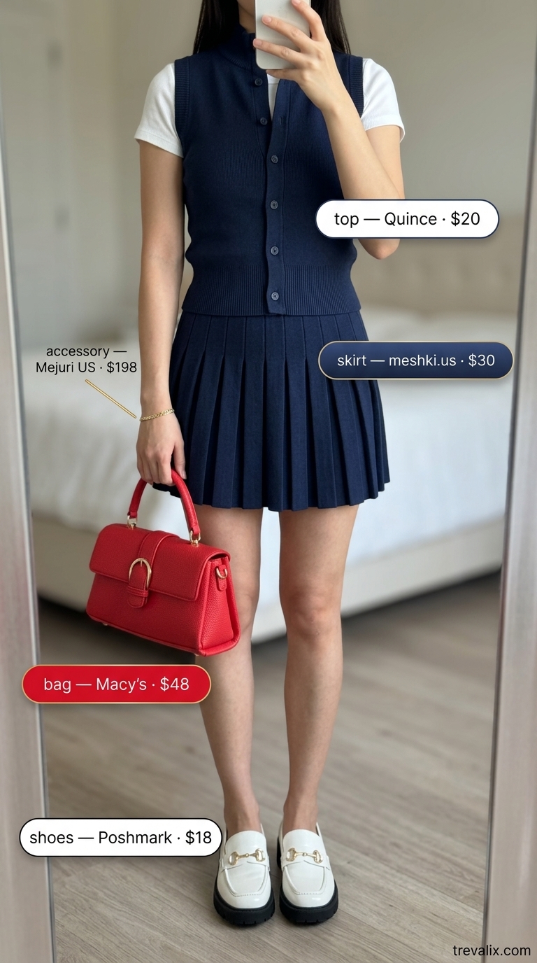 Chic Navy Skirt Outfit | Trendy Feminine Summer Outfits 2026 Trendy feminine summer outfits 2026: Navy pleated mini skirt, white knit top, red bag, and loafers for a chic lunch.