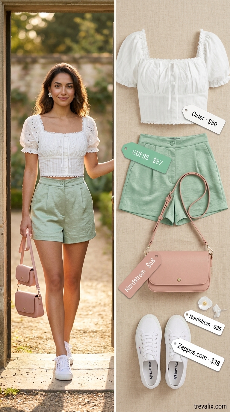 Trendy Feminine Summer Outfits 2026: Picnic Perfect Trendy feminine summer outfits 2026: Mint green shorts, white crop top & sneakers for a picnic.