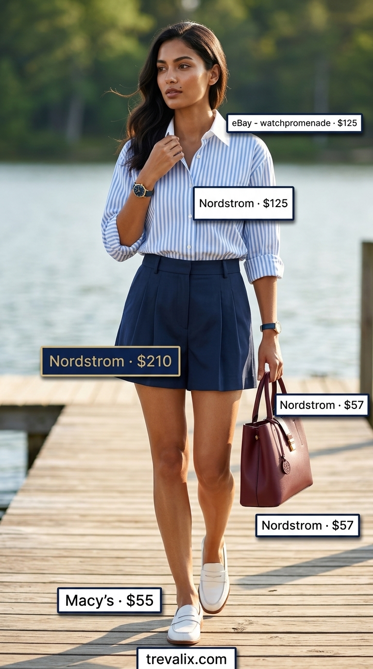 Preppy Lakeside Lunch Outfits 2026 Trendy feminine summer outfits 2026: Preppy navy shorts, white stripe shirt, red bag for lakeside lunch.
