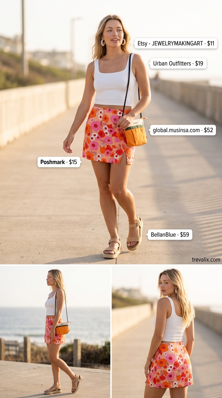Retro Resort Outfits 2026 Trendy feminine summer outfits 2026: Pink floral mini skirt, white tank for vacation.
