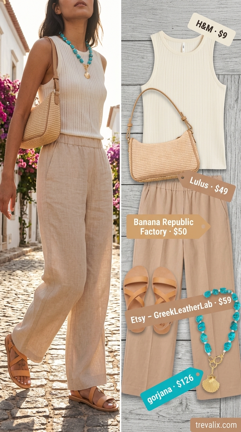Relaxed Sage Green Pants Outfit | Trendy Feminine Summer Outfits 2026 Trendy feminine summer outfits 2026: Sage green linen pants, cream knit top, raffia bag for a relaxed resort look.
