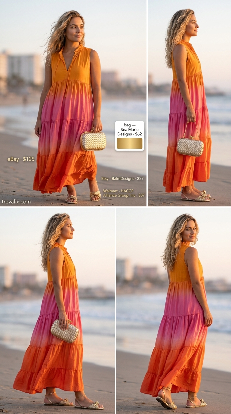 Sunset Beach Outfits 2026 Trendy feminine summer outfits 2026: Orange/pink gradient maxi dress for beach dinner.