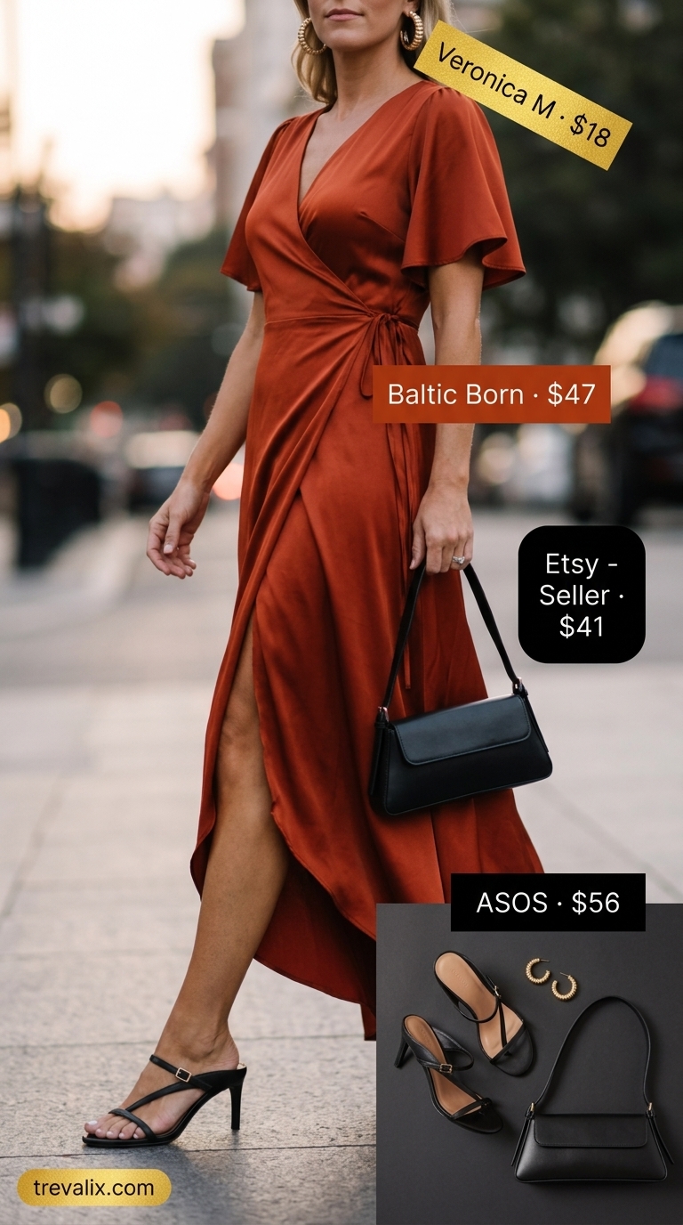 Sunset Soiree Outfits 2026 Trendy feminine summer outfits 2026: Burnt orange satin maxi dress for evening events.