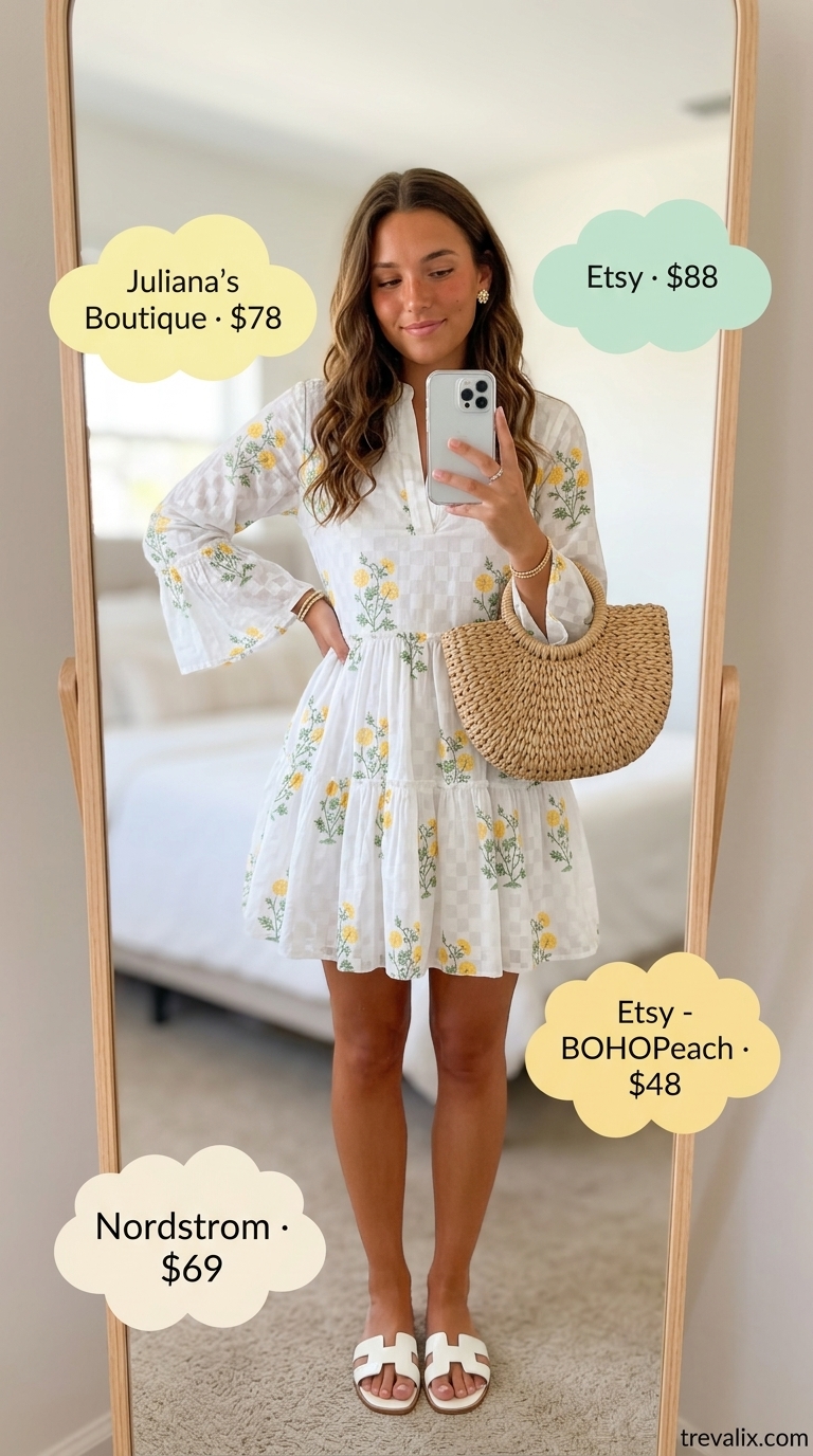 Trendy Feminine Summer Outfits 2026: Daisy Dreams Trendy feminine summer outfits 2026: Daisy print dress, white sandals & straw bag for a garden party.