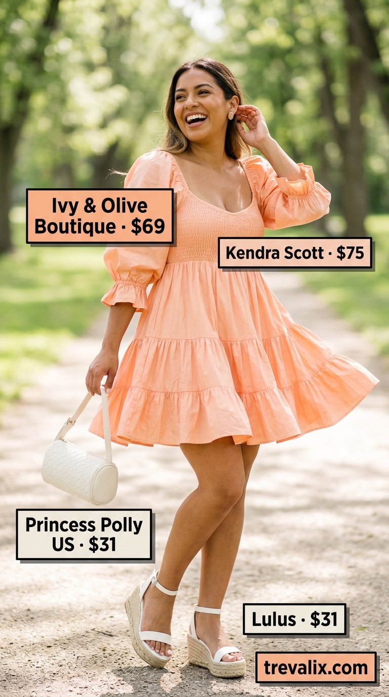 Trendy Feminine Summer Outfits 2026: Sweet Peach Picnic Trendy feminine summer outfits 2026: Peach mini dress, espadrilles & woven bag for a picnic.