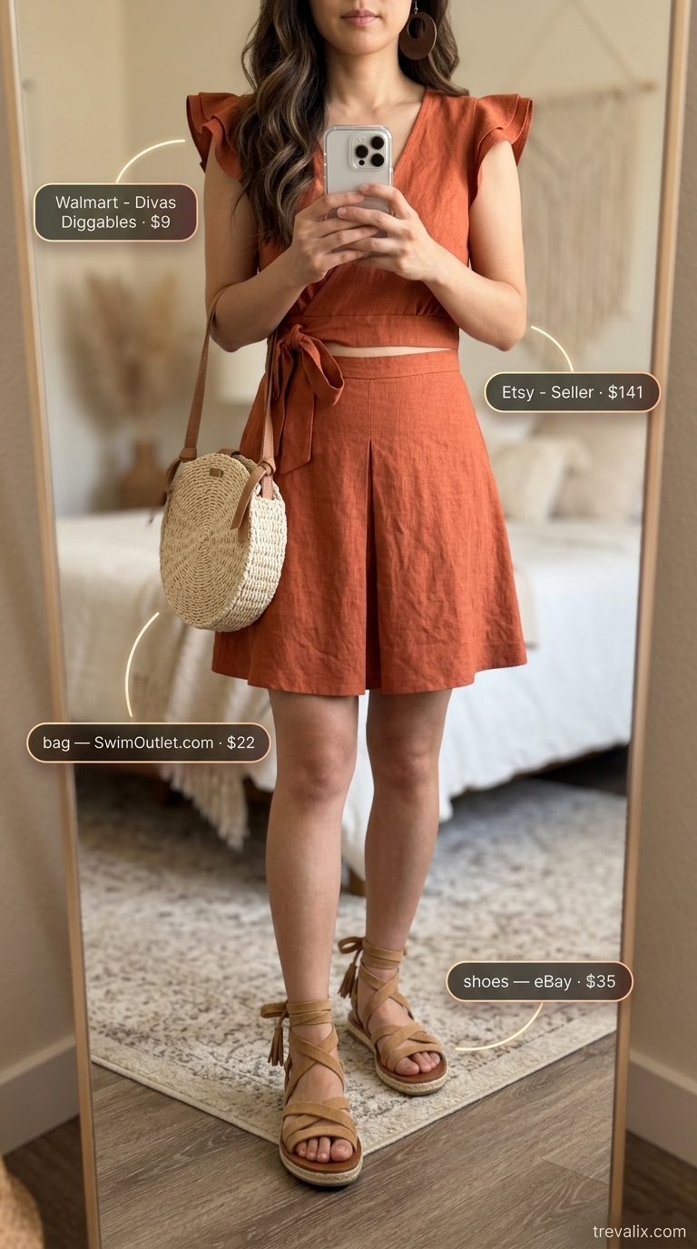 Boho Terracotta Set Outfit | Trendy Feminine Summer Outfits 2026 Trendy feminine summer outfits 2026: Terracotta linen set, espadrilles, straw tote for a bohemian festival look.
