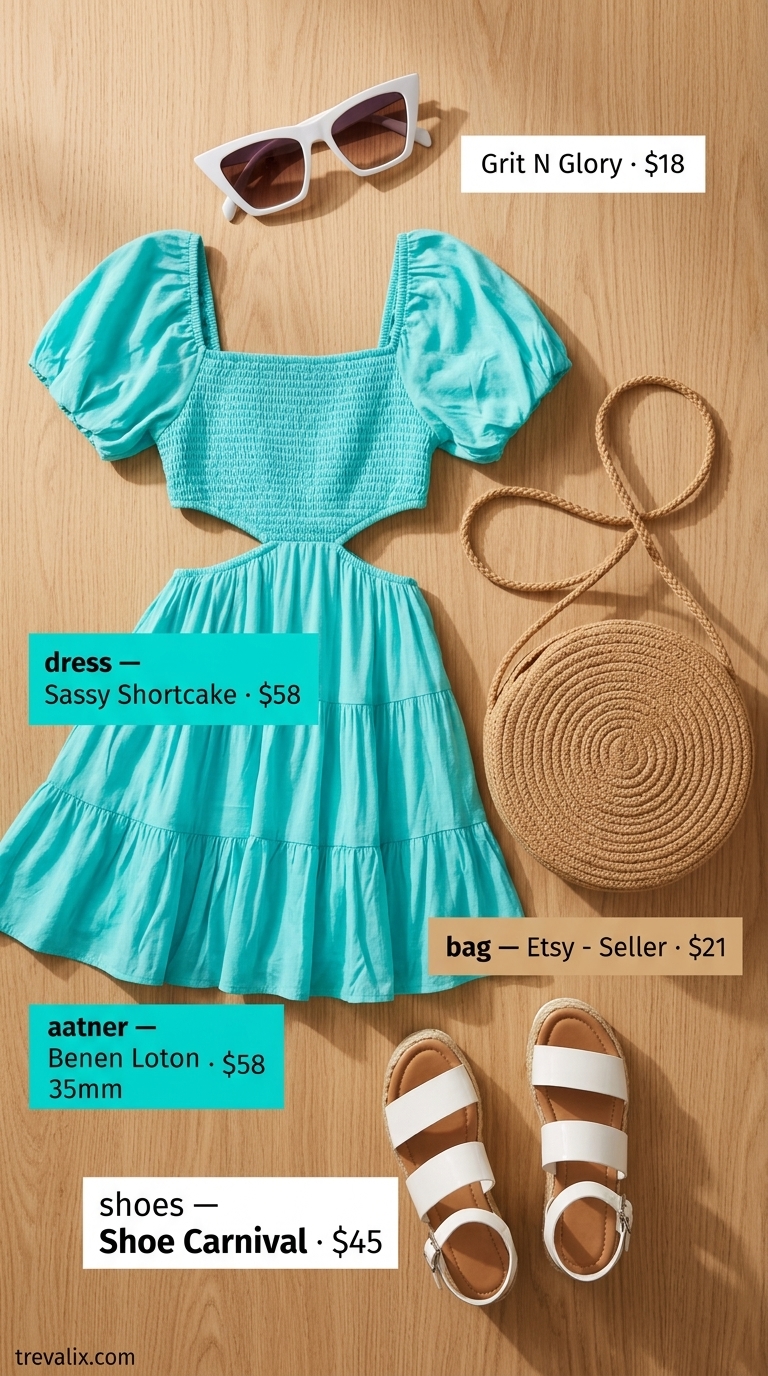 Sweet Turquoise Sundress Outfit | Trendy Feminine Summer Outfits 2026 Trendy feminine summer outfits 2026: Turquoise sundress, white platform sandals, straw bag for a sweet day out.