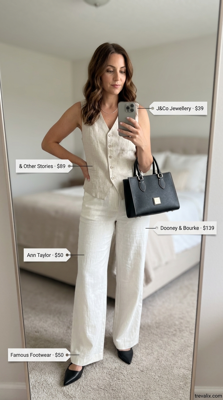 City Chic Outfits 2026 Trendy feminine summer outfits 2026: Greige linen vest and trousers for city chic.