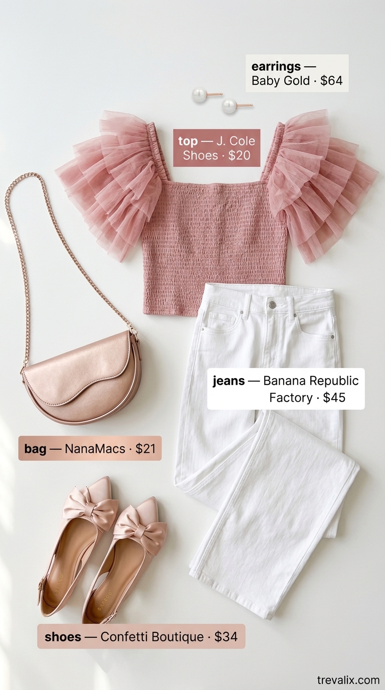 White Denim Outfits 2026 Trendy feminine summer outfits 2026: White jeans, blush crop top for weekend brunch.
