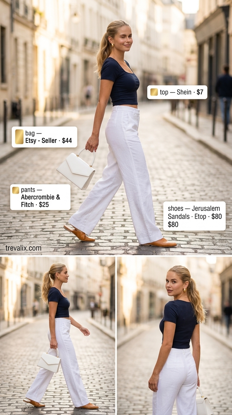 Effortless White Pants Outfit | Trendy Feminine Summer Outfits 2026 Trendy feminine summer outfits 2026: White linen pants, navy knit top, tan mules for a relaxed resort day.