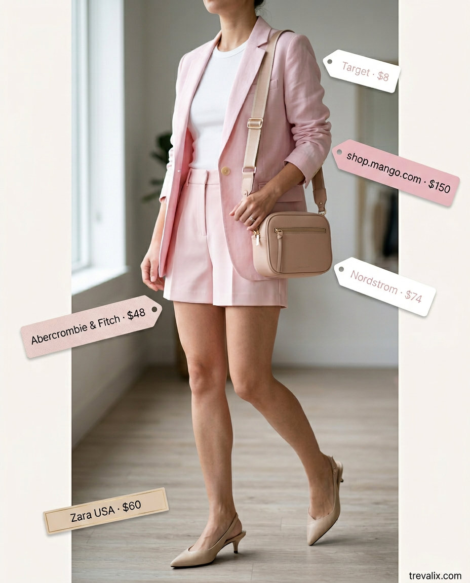 Trendy pastel summer outfits 2026: Blush pink linen shorts suit for business casual.