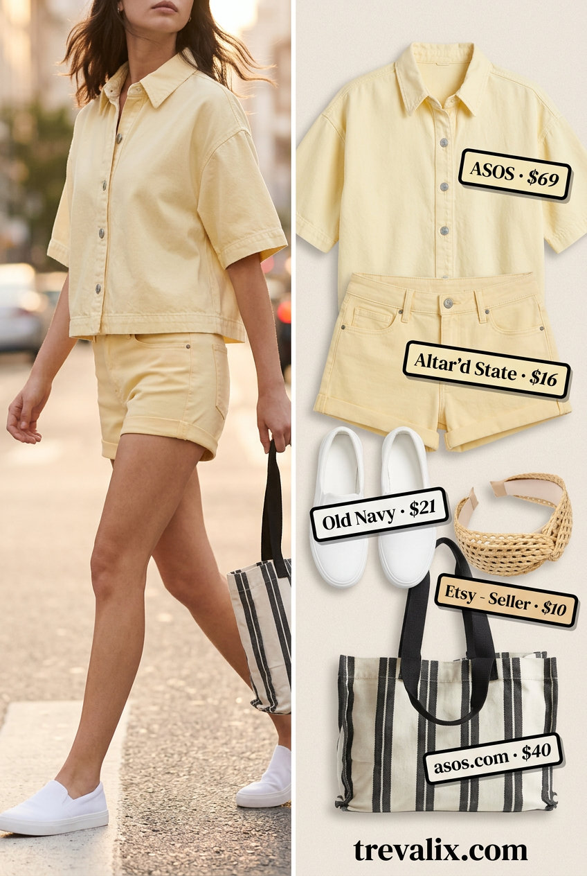 Trendy pastel summer outfits for women 2026: Butter yellow denim shorts set with white sneakers.