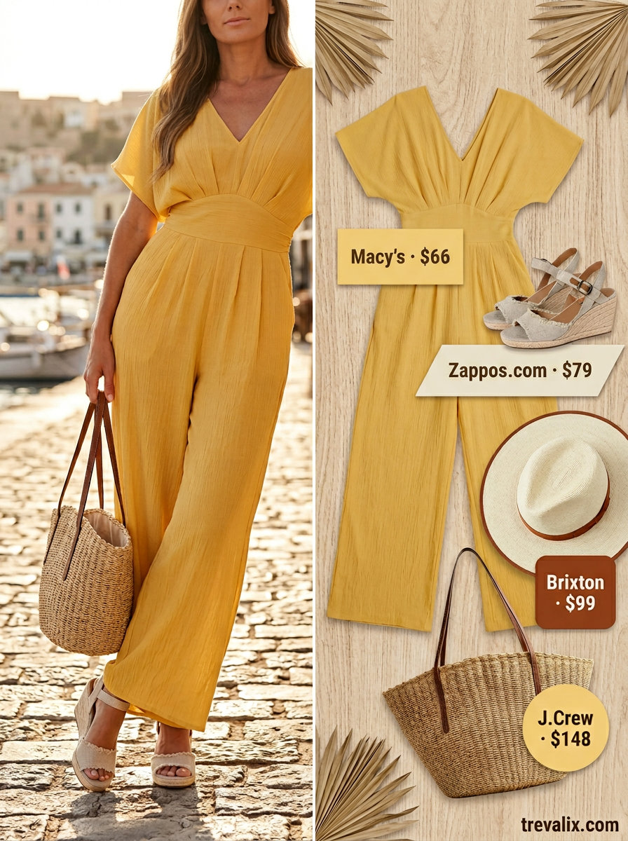 Trendy pastel summer outfits 2026: Butter yellow wide-leg jumpsuit with straw hat and espadrilles for vacation.