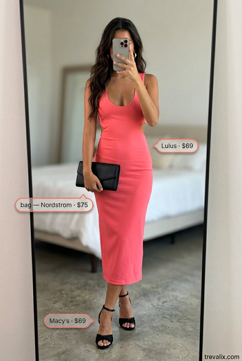 Trendy pastel summer outfits for women 2026: Coral cut-out midi dress with black heels and gold earrings.