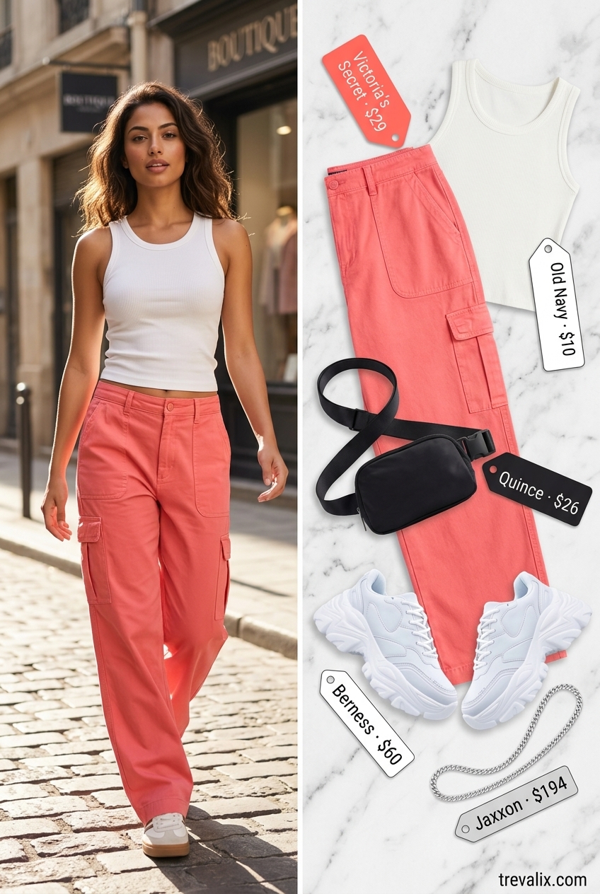 Trendy pastel summer outfits 2026: Coral pink cargo pants with white tank and sneakers.