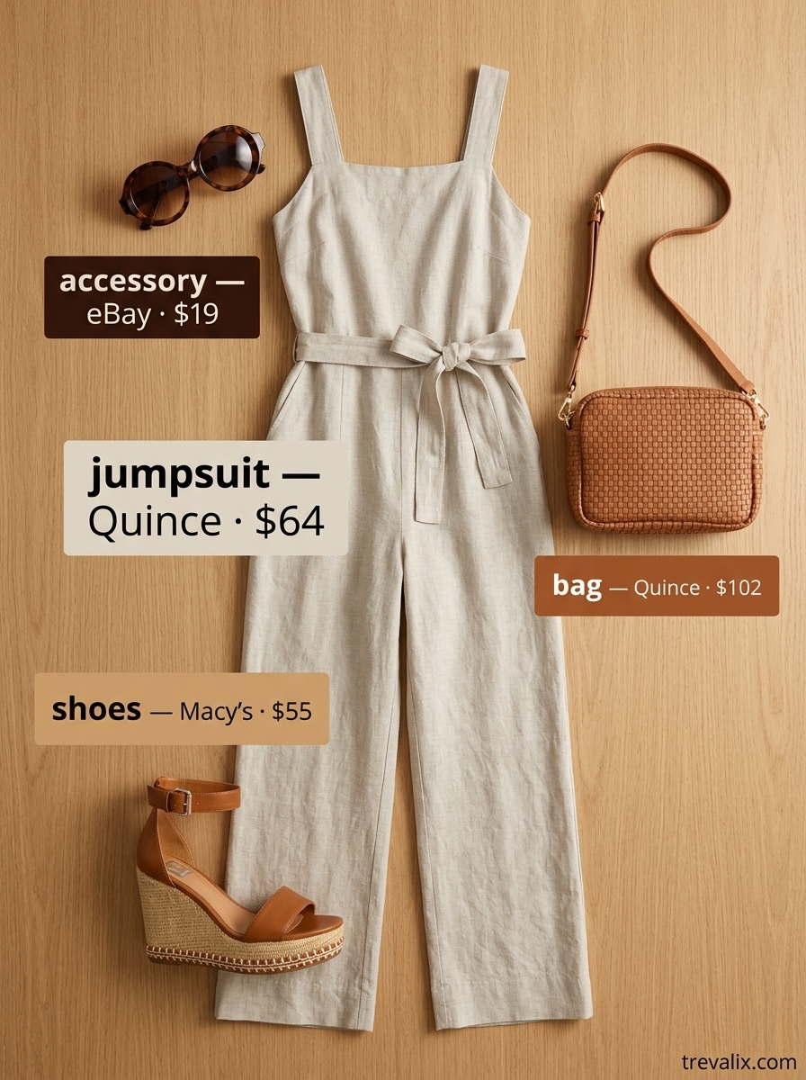 Trendy pastel summer outfits 2026: Cream linen wide-leg jumpsuit for a chic casual day out.