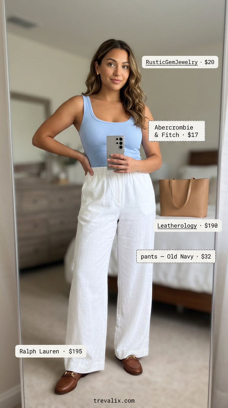 Trendy pastel summer outfits 2026: Cream wide-leg trousers with pastel blue tank, tan loafers, and tote for office.