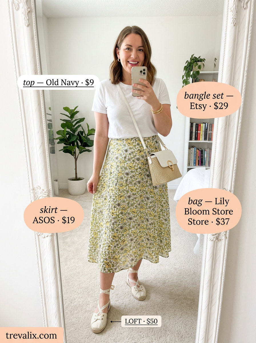 Trendy pastel summer outfits for women 2026: Lemon yellow floral midi skirt with white tee and straw bag.