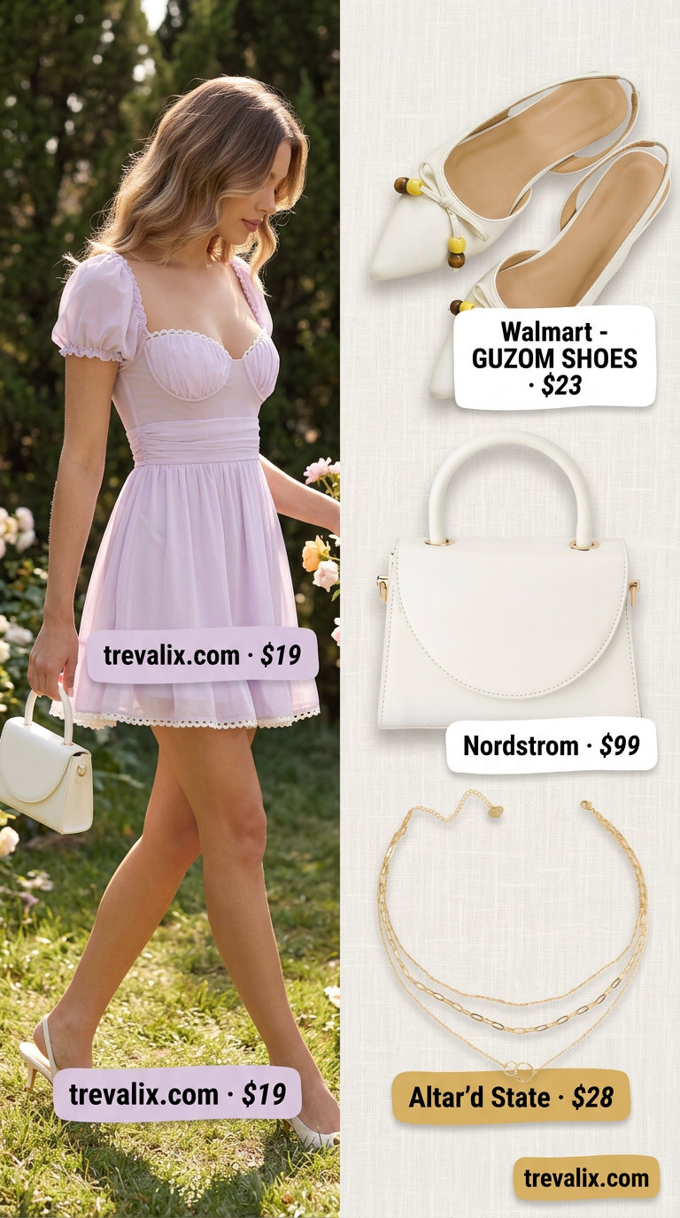 Trendy pastel summer outfits 2026: Lavender sweetheart mini dress for a garden party.