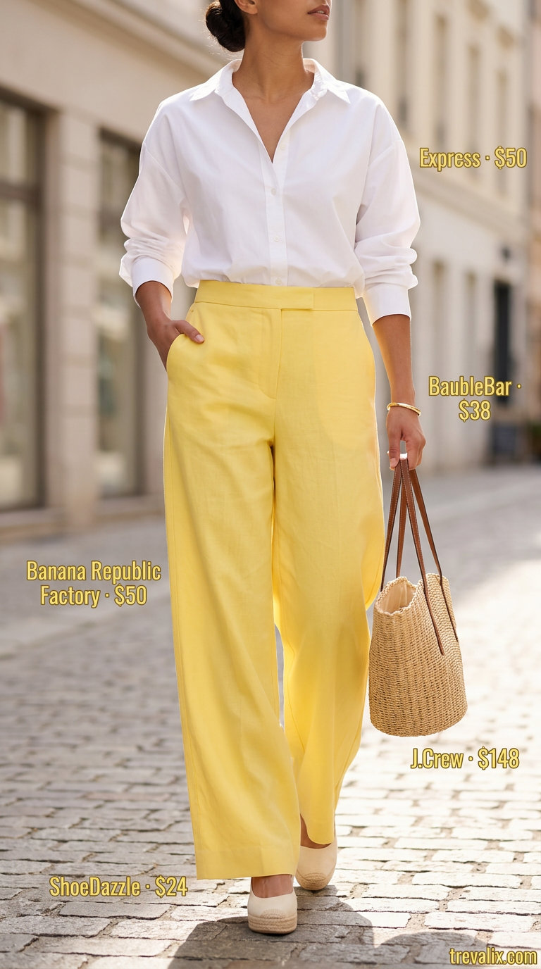 Trendy pastel summer outfits for women 2026: Lemon yellow wide-leg linen pants with a white button-down shirt.