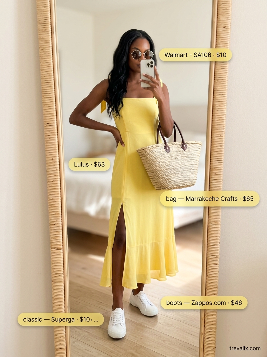 Trendy pastel summer outfits 2026: Lemon yellow sundress with white sneakers for a casual day out.