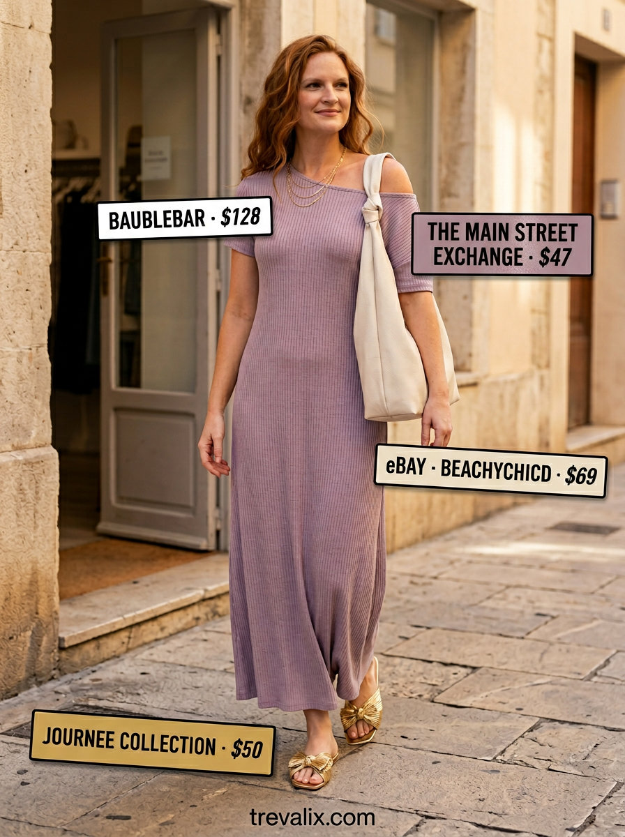 Trendy pastel summer outfits 2026: Lilac knit maxi dress with cream hobo bag and gold sandals for evening strolls.