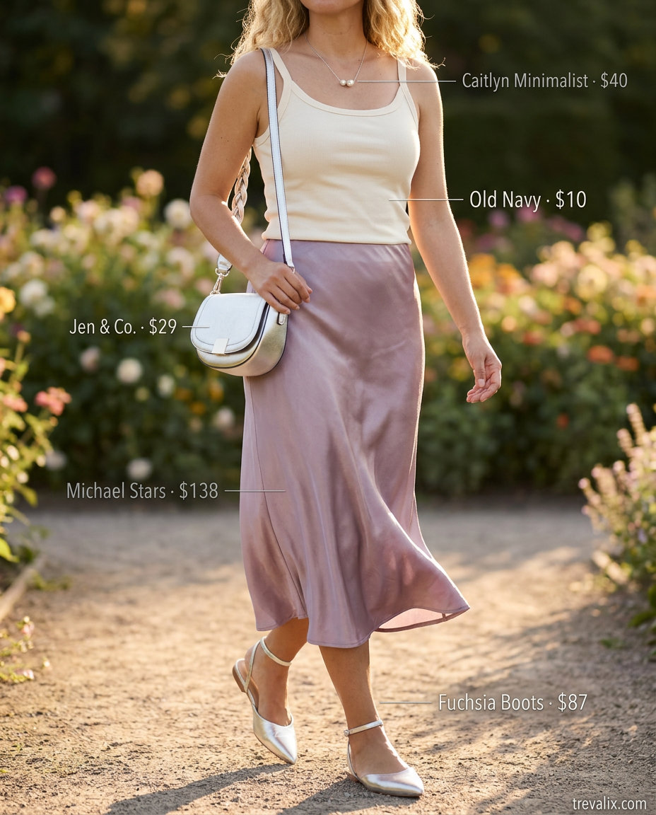 Trendy pastel summer outfits for women 2026: Lilac satin midi skirt with cream camisole and silver flats.