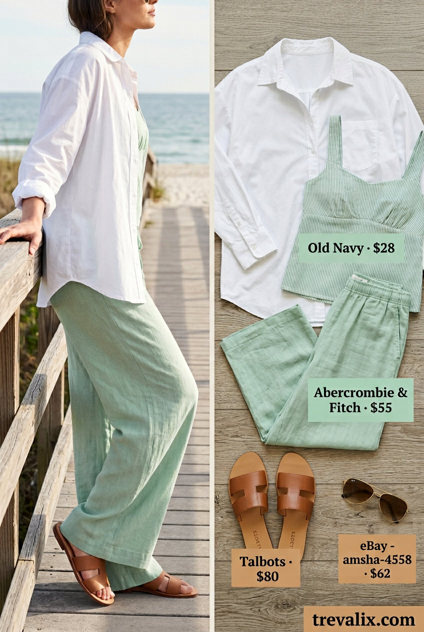 Trendy pastel summer outfits 2026: Mint green linen pants with white shirt, tan slides, and sunglasses for errands.