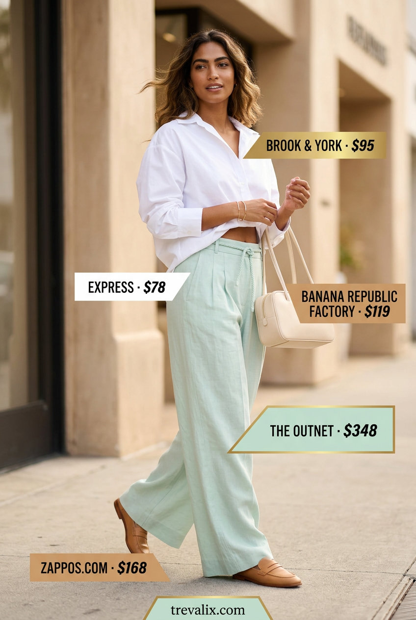 Trendy pastel summer outfits 2026: Mint green linen trousers with white shirt for city chic.