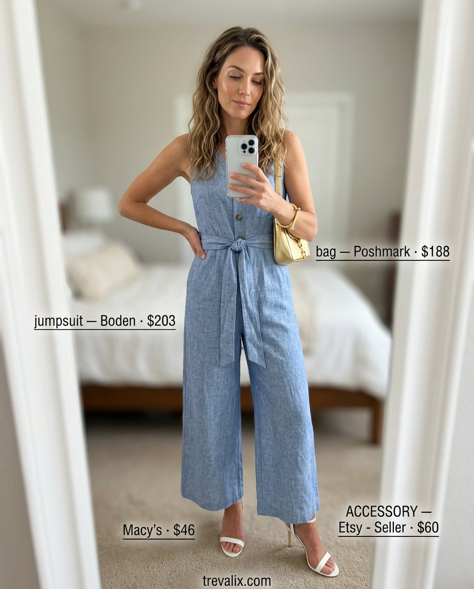Trendy pastel summer outfits 2026: Powder blue wide-leg jumpsuit with white sandals and gold accessories for events.