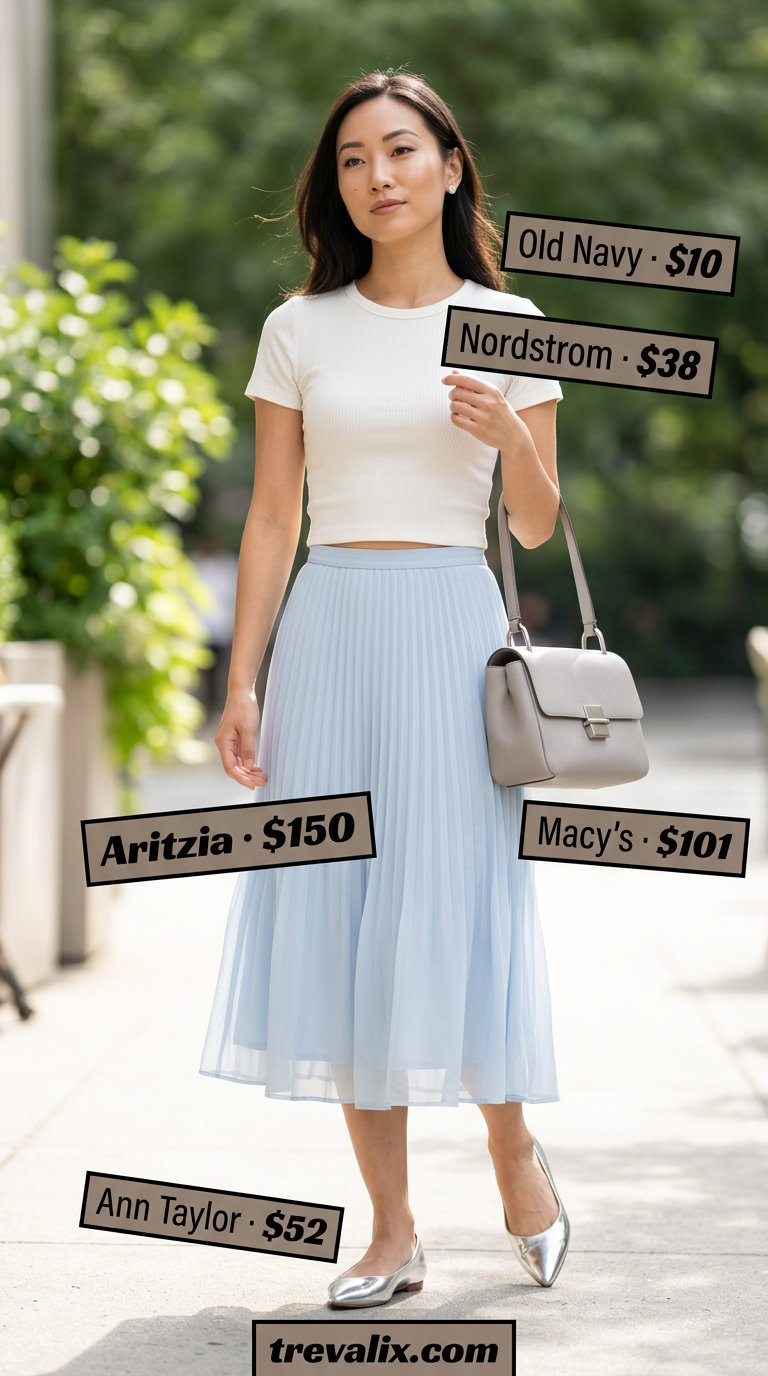 Trendy pastel summer outfits for women 2026: Powder blue pleated midi skirt with white tee and silver flats.