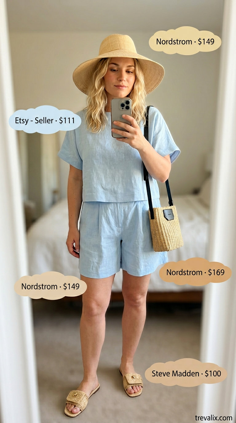 Trendy pastel summer outfits 2026: Sky blue linen co-ord set for a relaxed beach vacation.