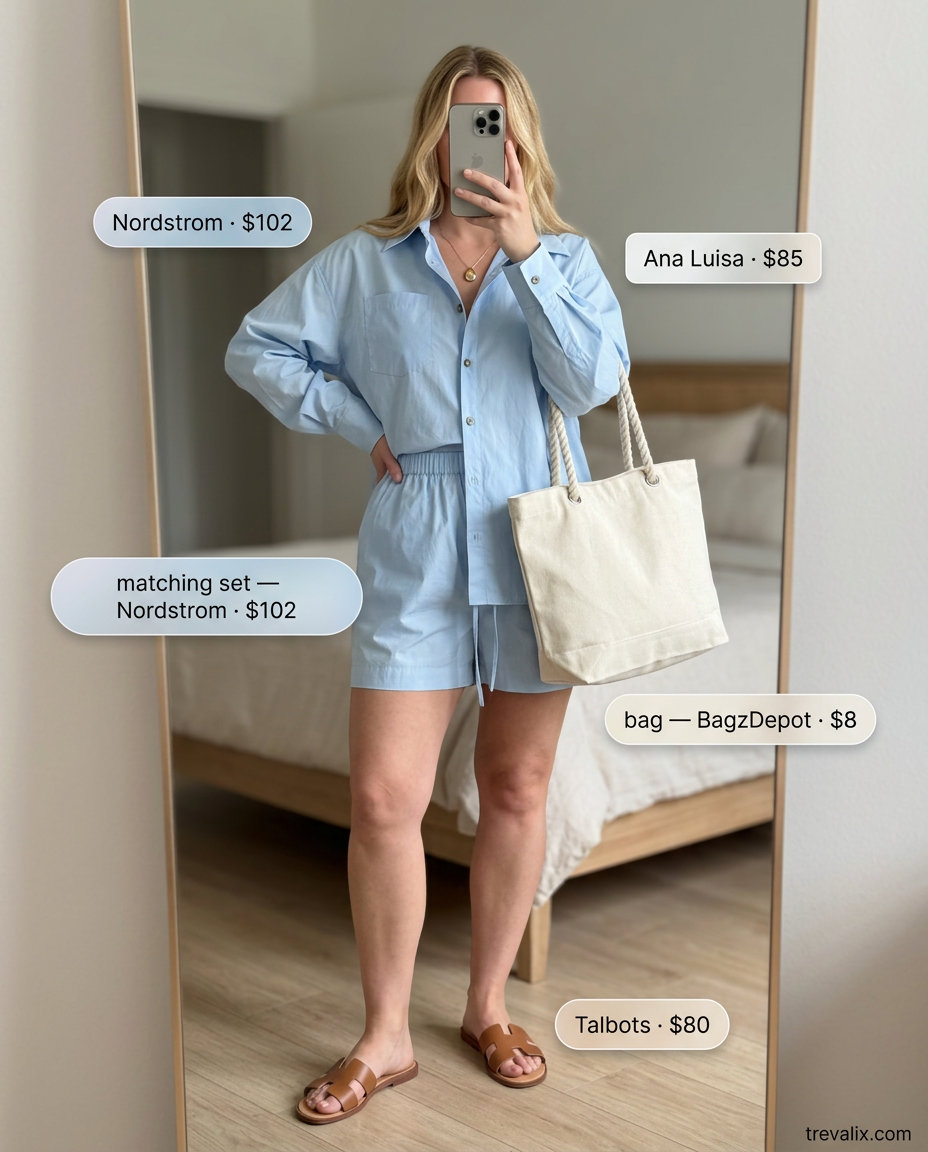 Trendy pastel summer outfits 2026: Sky blue linen lounge set with tan slides and canvas tote for casual wear.