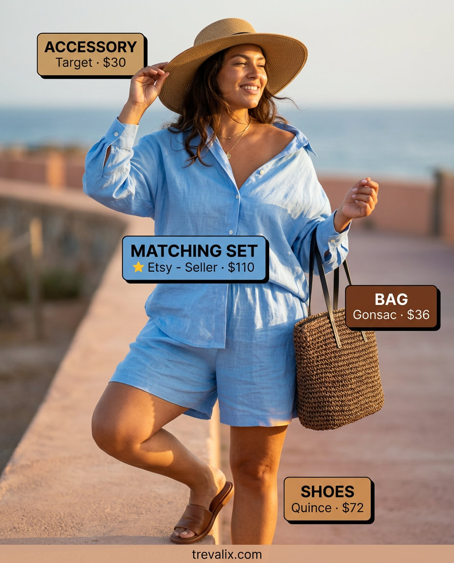 Trendy pastel summer outfits for women 2026: Sky blue linen shorts set with straw hat and tote.