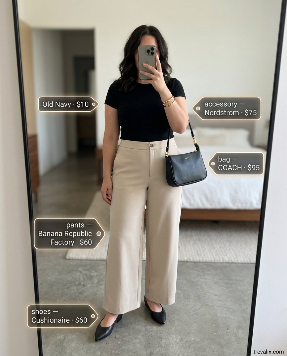 Beige wide-leg trousers, black knit top, ballet flats, and shoulder bag for trendy sporty chic summer outfits for women 2026.