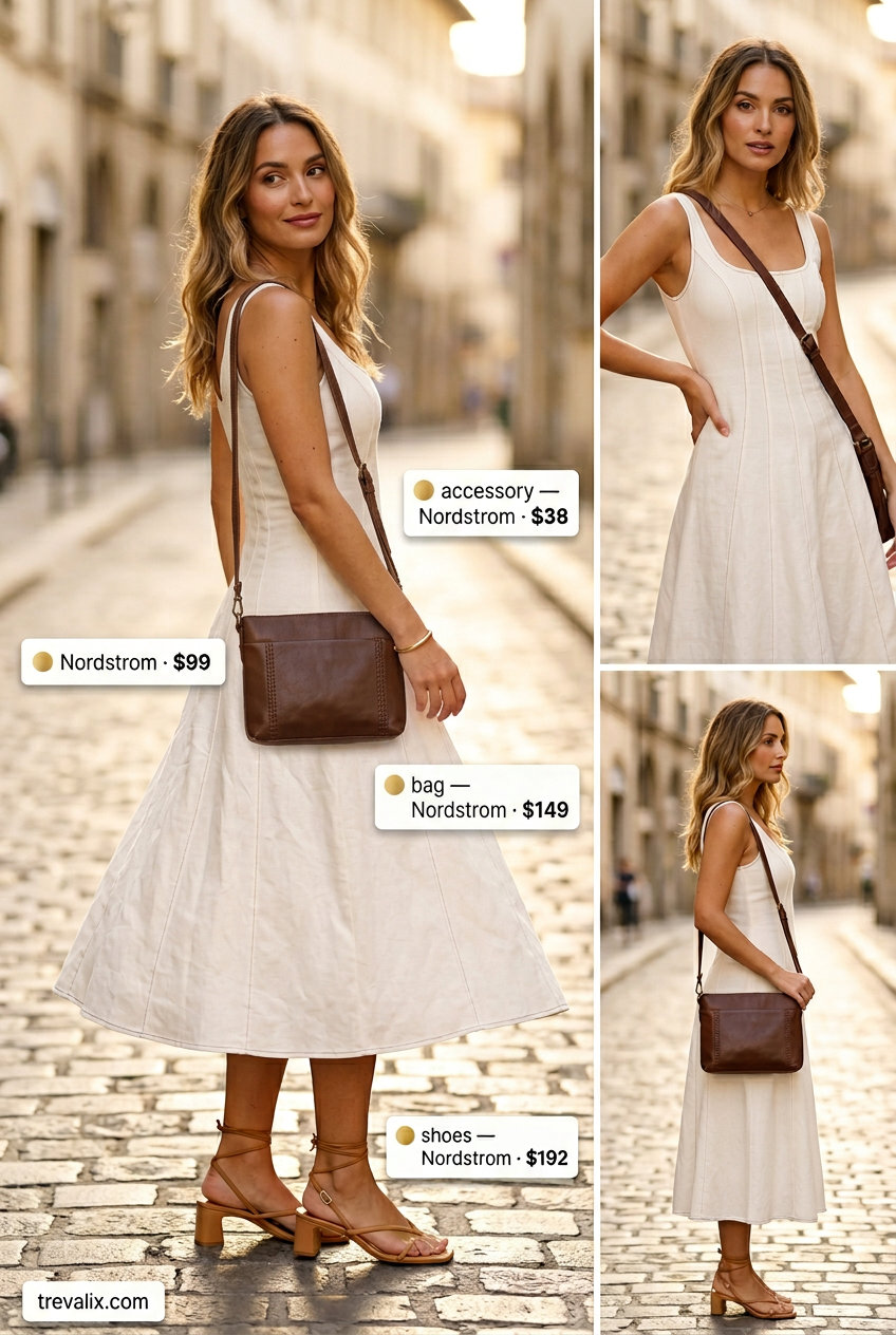 Crisp white sleeveless midi dress, tan sandals, leather crossbody, and gold bangle for trendy sporty chic summer outfits for women 2026.